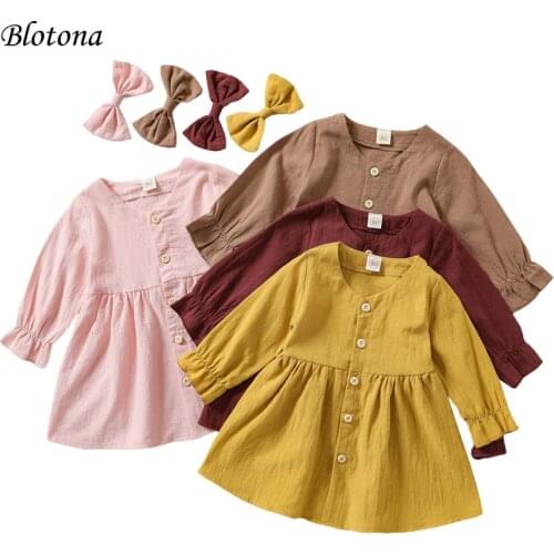 Blotona 2Pcs Kids Casual Outfit, Solid Color Long Sleeves Single-Breasted V-Neck Dress +Bow Hair Clip for Girls, 6Months- 4Years