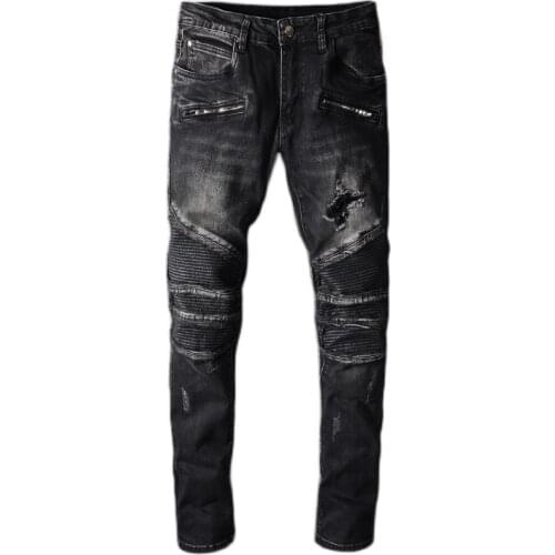New Male fashion mens European autumn winter black and gray patch leather jeans personality slim locomotive pants trousers