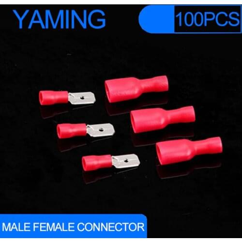 HOT 100pcs 50set/lot Red Male Female Connector Crimp Terminals FDD 1.25-250 MDD1.25-250 Wiring suit for 0.5-1.5 mm2/ 22-16 AWG