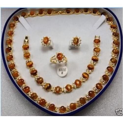 Good >>Beautiful jewelry Tigers Eye necklace bracelet earring ring set 17.5"7.5"AAART