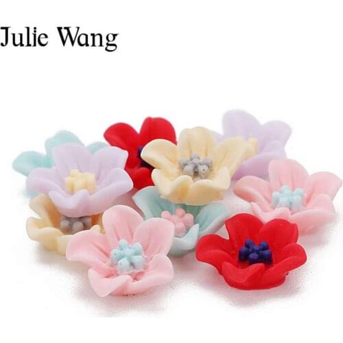 Julie Wang 50pcs 13mm Resin Flowers Flatback Cabochon Slime Charms 5 Colors Necklace Jewelry Making Accessory Phone Case Decor