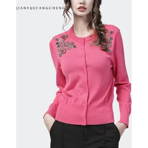 Luxury Beaded Women' Long Sleeve Pink Knitted Sweater Loose Outwear O-Neck Button-Down Cardigan Autumn New Thin Casual Sweaters