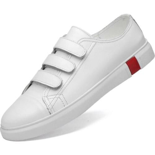 Hook&Loop Genuine Leather Shoes Men White Casual Shoes Flat Breathable Luxury Sneakers Men Moccasins High Quality Big Size 37-47