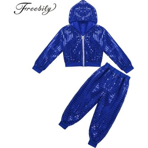 Fashion Children Jazz Dance Costume For Girls Hip Hop Street Dancing Costumes Sequins Tops Pants Kids Performance Dance Clothes