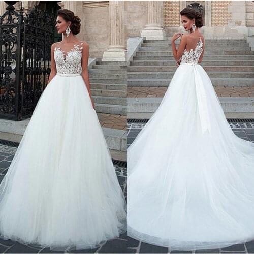 Simple Sheer Bodice Top Lace Applique Tulle A-line Wedding Dresses 2021 Cheap Bride Dress abito da sposa