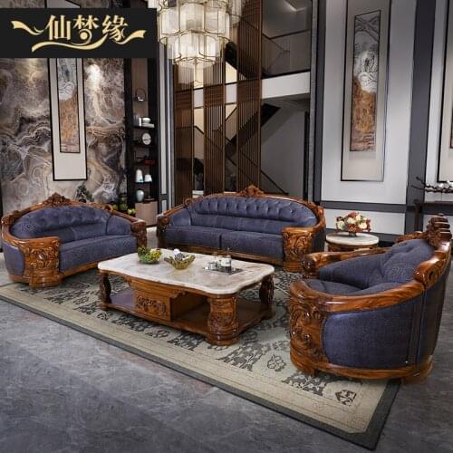 Luxury European villa black gold solid wood carved leather sofa new Chinese style high grade furniture