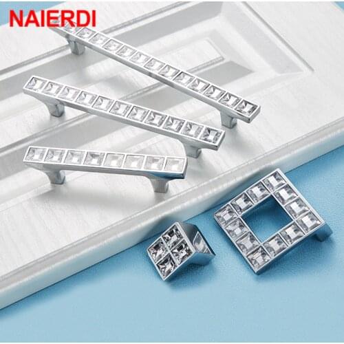 NAIERDI Crystal Glass Knobs Cabinet Handles Silver Crystal Cupboard Pulls Drawer Knobs Kitchen Furniture Handle Hardware