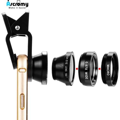 Ascromy 3in1 Wide Angle Macro Phone Camera lentes Fisheye Smartphone Lens Kits For iPhone 7 XR Fish Eye Lentes lens on the phone