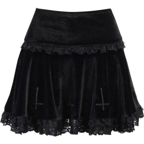 Women Dark Gothic Velvet Black Pleated Mini Skirt Punk Cross Embroidery Lace Trim Patchwork High Waisted Flared A-Line