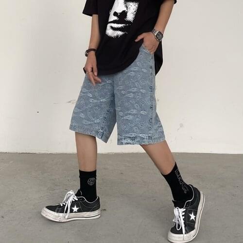 WomenS Streetwear Chic Print Big Denim Shorts Summer Retro Blue Loose Ladies Jeans Shorts Jogger Trousers