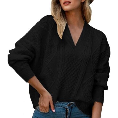 Stylish Casual off shoulder thick sweater black white Loose cut out v-neck pullover winter Fashion lace up ladies short jumper