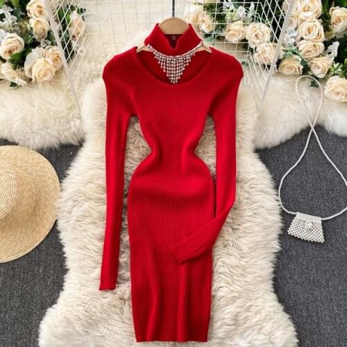 Dresses For Women 2021 Halter Rhinestone Sexy Ribbed Knitted Bodycon Dress Women Autumn Long Sleeve Midi Sweater Dress Clothes