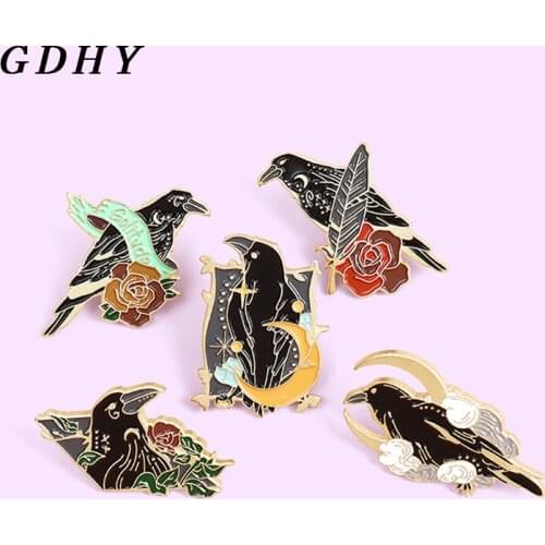 GDHY Raven Enamel Pins Black crow Rose Flower moon stars Brooches Bag Lapel Pin Punk Badge Jewelry Gift for Friends Bijoux