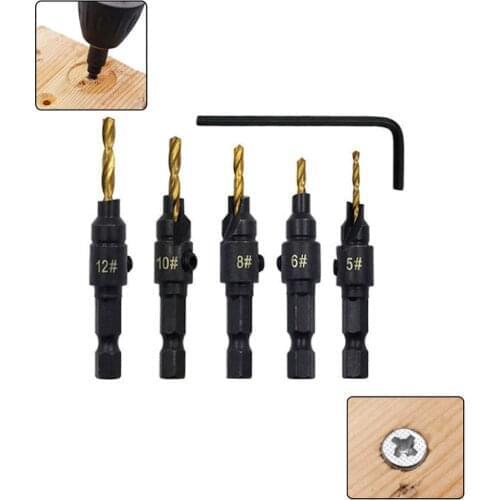 5Pcs Countersink Drill Bits 1/4 Inch Hex Shank + 1Pc Hex Key Metal Woodworking Screw Holes