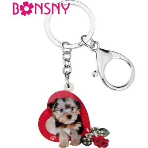Bonsny Acrylic Valentines Day Rose Yorkshire Dog Key Chains Animal Key Rings For Women Girl Teen Bag Car Purse Decorations Gift