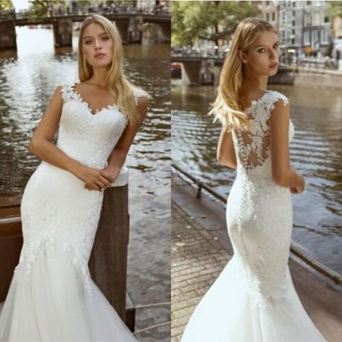 Elegant White Lace Mermaid Wedding Dresses Tulle Gowns with Appliques Illusion Back Bridal Gowns