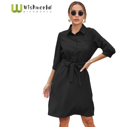 2021 Chun Xia Autumn Fashion Womens Clothing in Europe and America 7 Minutes of Sleeve Belt Pure Color Dress