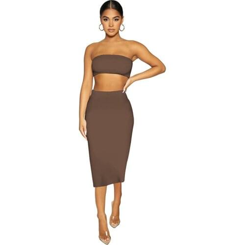 Summer New Solid Color Strapless Package Hip Skirt Two-Piece Set Thin Sexy Sheath High Waist Elastic Tight Skirt Fashion Suit