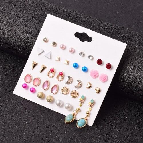 Colorful Women Stud Earrings Set Pearl Earrings For Bohemian Fashion Jewelry Geometric Crystal Heart Flower Star Stud Earrings