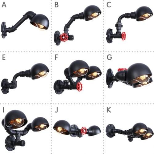 L-U) 220v Water Pipe Wall Lamp Retro Industrial Black Bedroom indoor Decoration Iron Single/Double Sconce Wall Light Fixture
