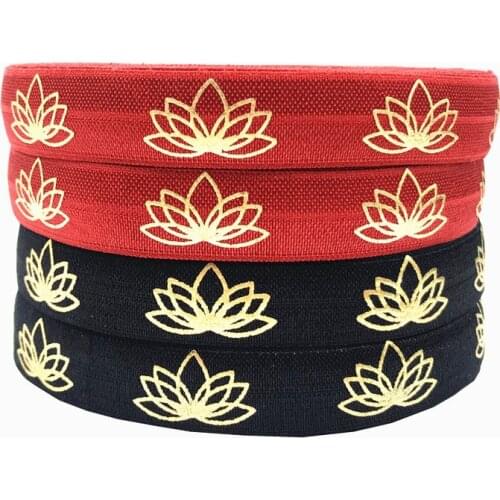 10 Yard 5/8" 15mm Gold Lotus Foil Print Shiny Fold Over Elastics FOE Spandex Band Headband Hairband Dress DIY Sewing accessories