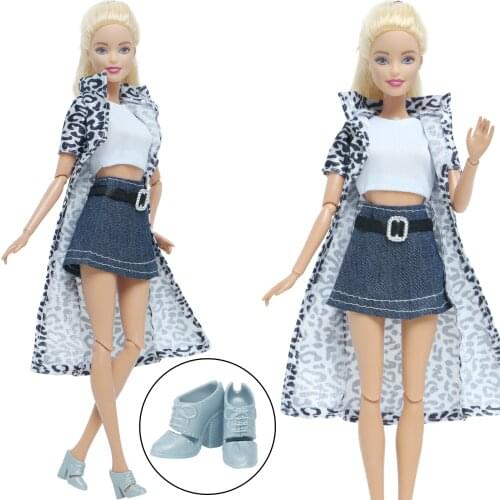 1 Set Leopard Doll Outfit Fashion Jacket Vest Belt Jeans Coat Shirt High Heel Boots Shoes Accessories Clothes for Barbie Doll