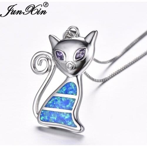 Cute Animal Fox Pendant Blue White Fire Opal Necklaces For Women Silver Color Zircon Rainbow Cat Necklace Female Wedding Jewelry