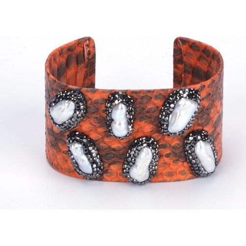 Natural Big Long Freshwater Pearl Beads Charm Pave Rhinestone Orange Real Snake Leather Wide Open Bangle Cuff Bracelet for Women