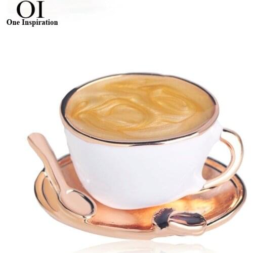 OI Fashion Coffee Cup Spoon Disc Shape Brooches White Enamel Gold Color Brooch Pins Women Suit Coat Accessories