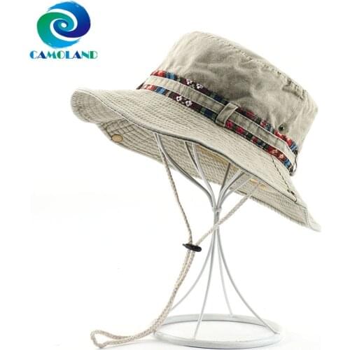 CAMOLAND Summer UV Protection Sun Hats Women Men Cotton Bucket Hat Floral Ribbon Design Beach Caps Outdoor Hiking Fishing Hats