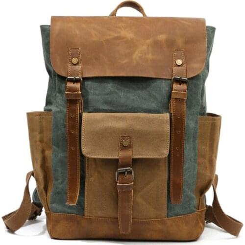 Oil Waxed Canvas Cow Leather Backpacks Man Waterproof Rucksacks 15" Laptops women Daypacks Large Capacity Vintage Mochilas