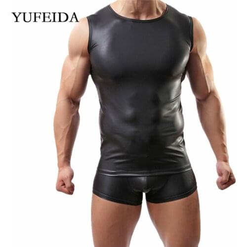 Mens Clothes Set Sexy Mens Undershirts PU Leather Shirt Vest Sleeveless Tank Tops Boxer Shorts Underwear Stage Dance Clubwear