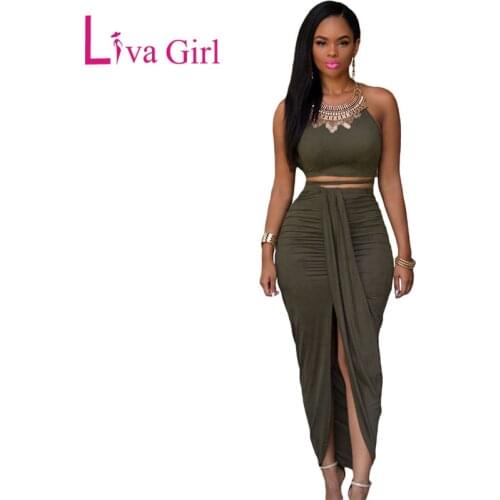 LIVA GIRL Sexy Sleeveless Maxi Dresses Women Bandage Suede Skater Dresses Two Piece Crop Top with Wrapped Front Split Vestidos