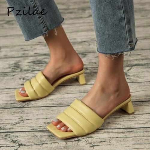Pzilae 2021 New Vintage Square Toe Mules Womens Slippers Shoes Summer Fashion Med Heel Slides Laides Rome Shoes Women Slippers