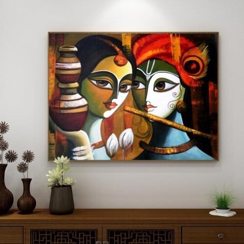Modern Portrait Art Painting on the Wall Art Posters and Prints Canvas Radha Krishna Picture on Canvas for Living Room Decor