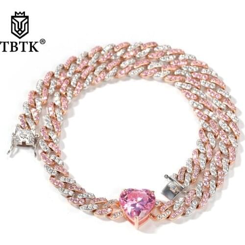 TBTK 9mm CZ Cuban Chain With Heart and Square CZ Prong Miami Link Bling Necklace Fashion Rock Punk Hip Hop Jewelry Unisex