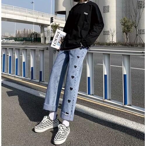 Feynzo Women Pant Woman Jeans High Waist Denim Pants Wide Leg Denim Clothing Blue Jeans Vintage Quality Fashion Embroidery Love