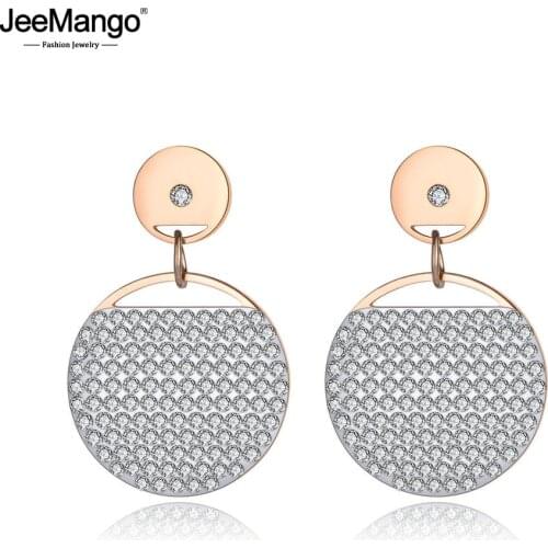 JeeMango New Rose Gold Round Circle Clay Shiny CZ Crystal Stud Earrings For Women Hyperbole Office Girl Earrings Jewelry JE19095