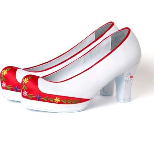 5cm High Heel White Embroidered Shoes Korean Traditional Hanbok Accessories Open Wedges High Quality Costume Womens Shoes
