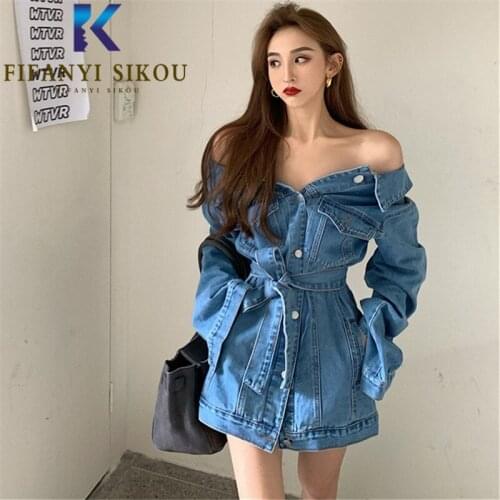 Spring Autumn Women Denim Dress Jacket Sexy Off Shoulder Fashion Slash Neck High Waist Mini Dress Loose Plus Size Jeans Dresses