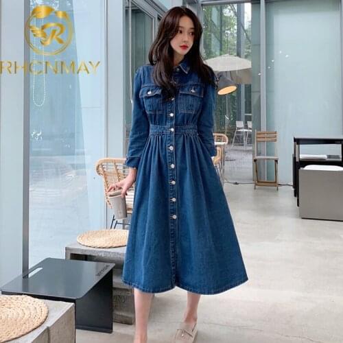 Elegant Full Sleeve A-line Denim Dresses for Women Autumn Elastic Waist Female Jeans Dress 2021 Fashion Vestidos Femme