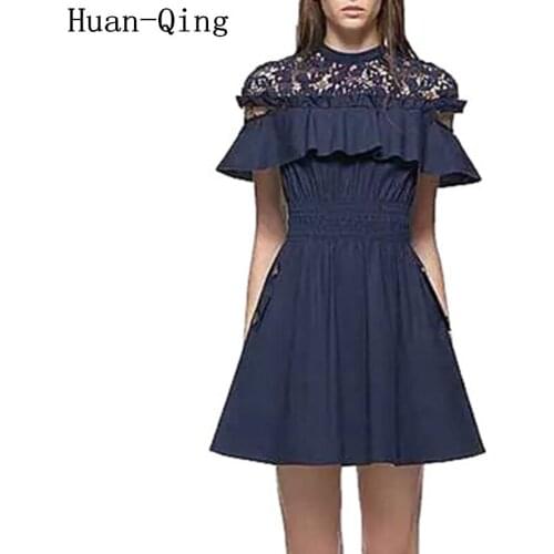 High Quality Runway Women Sexy Lace Patchwork Ruffles Tunic Slim Dress Summer Female Short Sleeve Vestidos Elegant Party Dresses