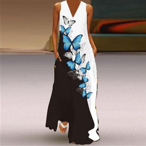 Vintage Maxi Dresses Women Butterfly Print Sleeveless Summer Dress Pockets V-neck Party Casual Dress Vestidos Longos De Verao