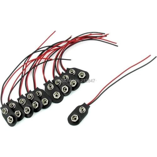 10 Pcs Snap 9V (9 Volt) Battery Clip Connectors I Type Black w Cable