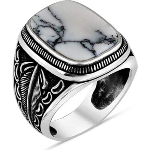 925 Sterling Silver White Turquoise Stone Leaves with Motifs Exclusive Ring for Men Fashionable Ring Gemstone Silver Ring