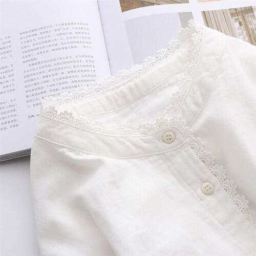 Lamtrip Lacing Cotton Yarn Stand Collar Long Sleeve White Shirt Preppy Style Blouse 2021 Summer