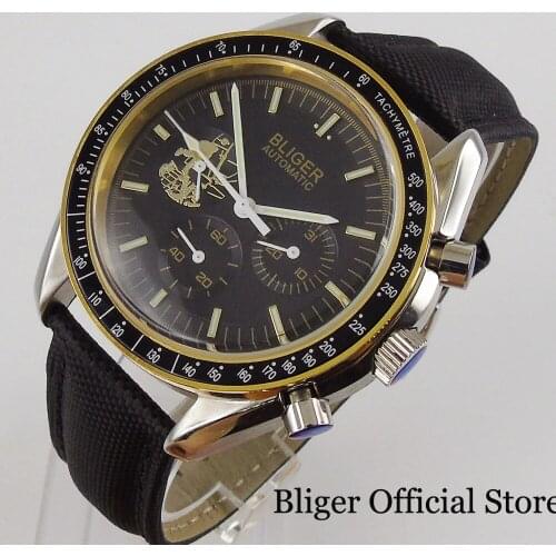 BLIGER Brand Classic Black Automatic Men Watch Date Function Leather Band Round Case