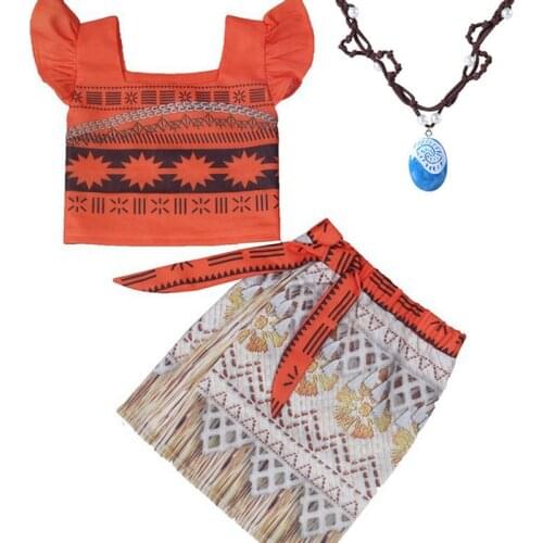Kids Princess Moana Cosplay Costume Girls Gifts Halloween Birthday Party Dress Set Girl Vaiana Dress Necklace Cosplay Costumes