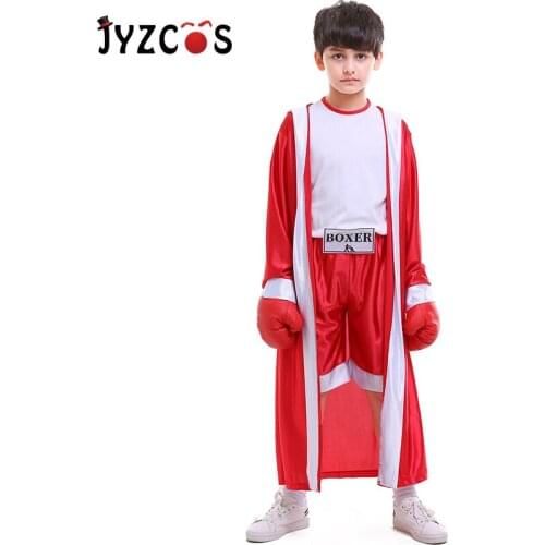 JYZCOS Kids Boxer Costumes Blue Red Robe Boxing Gloves Boy Girl Halloween Party Cosplay Costumes School Boxing Match Game Suit