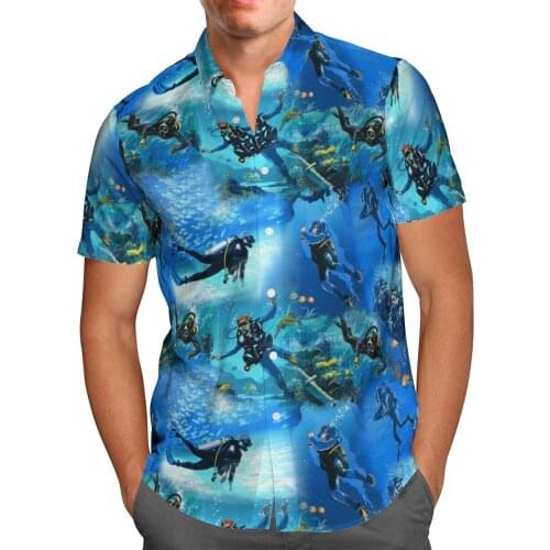 Cool Diving 3D Beach Hawaiian 2021 Summer Blue Shirt Short Sleeve Shirt Streetwear Oversized 5XL Camisa Social Chemise Homme-866